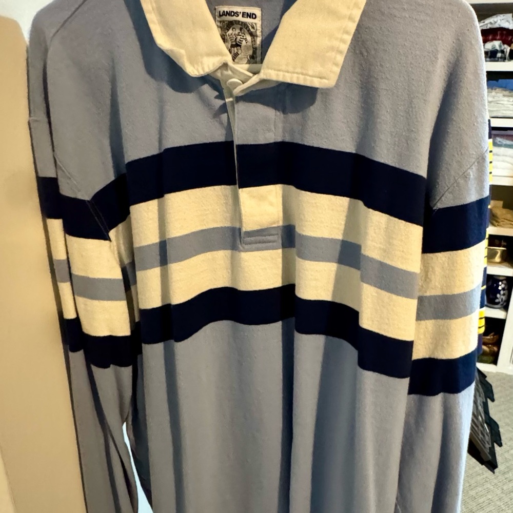 Lands' End Blue and White Striped Men's Shirt